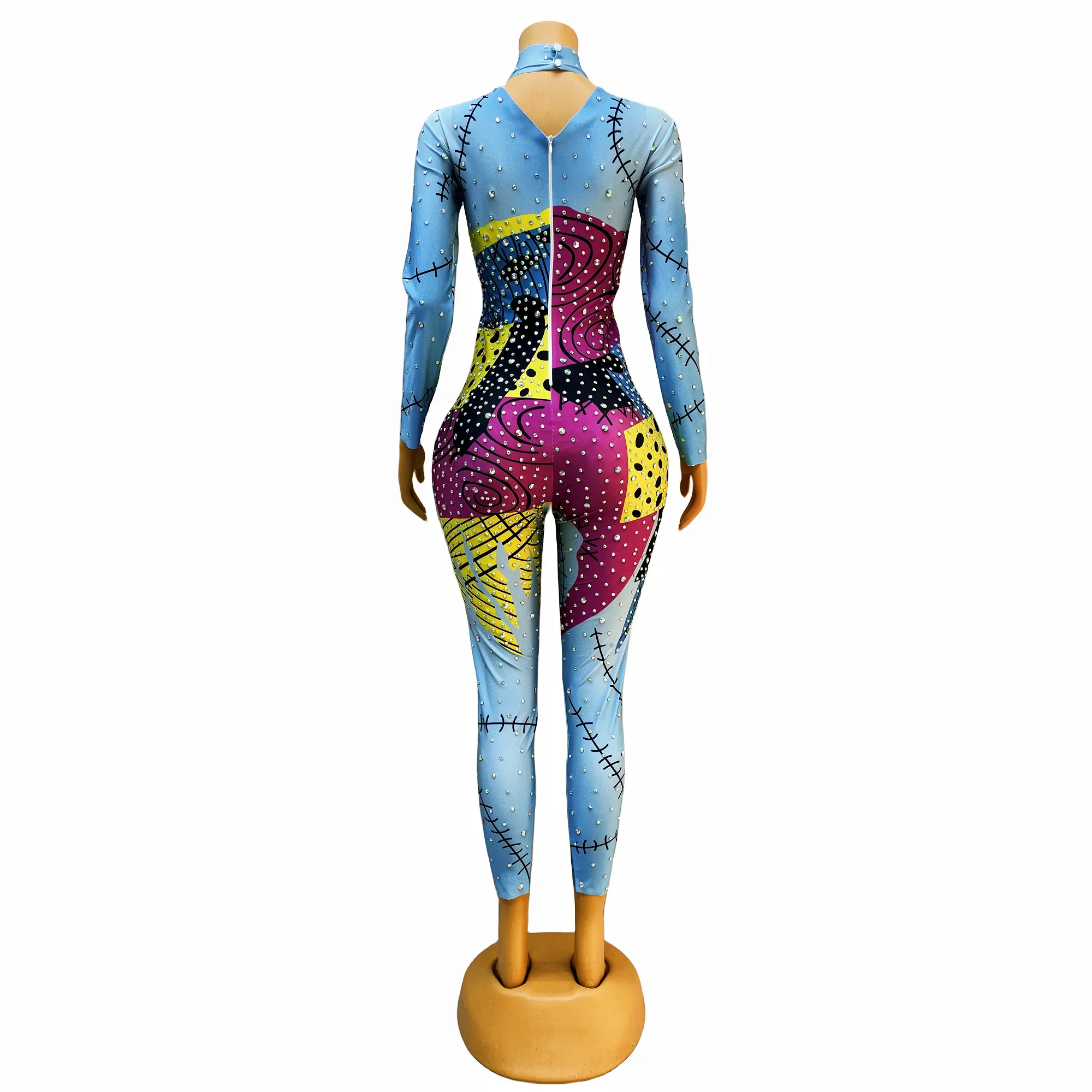 Il compleanno delle donne celebra la tuta Prom Nightclub donne Singer Dance Leggings Sky Blue Colorful AB strass body