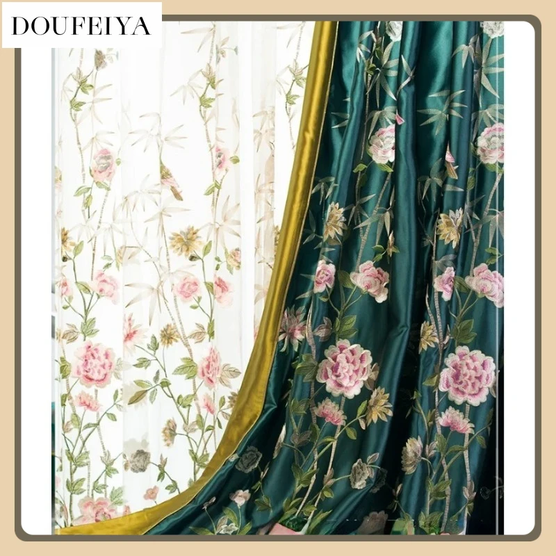 

Chinese Classical Turquoise Peony Bamboo Satin Embroidery Customization Home Decoration Curtains for Living Dining Room Bedroom