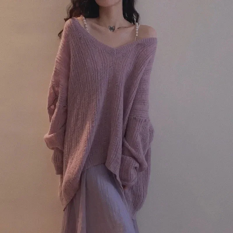 GIDYQ Sexy Off Shoulder Thin Pullover Women Korean Fashion Loose Solid Casual Slightly Transparent Mid Length Sweaters New