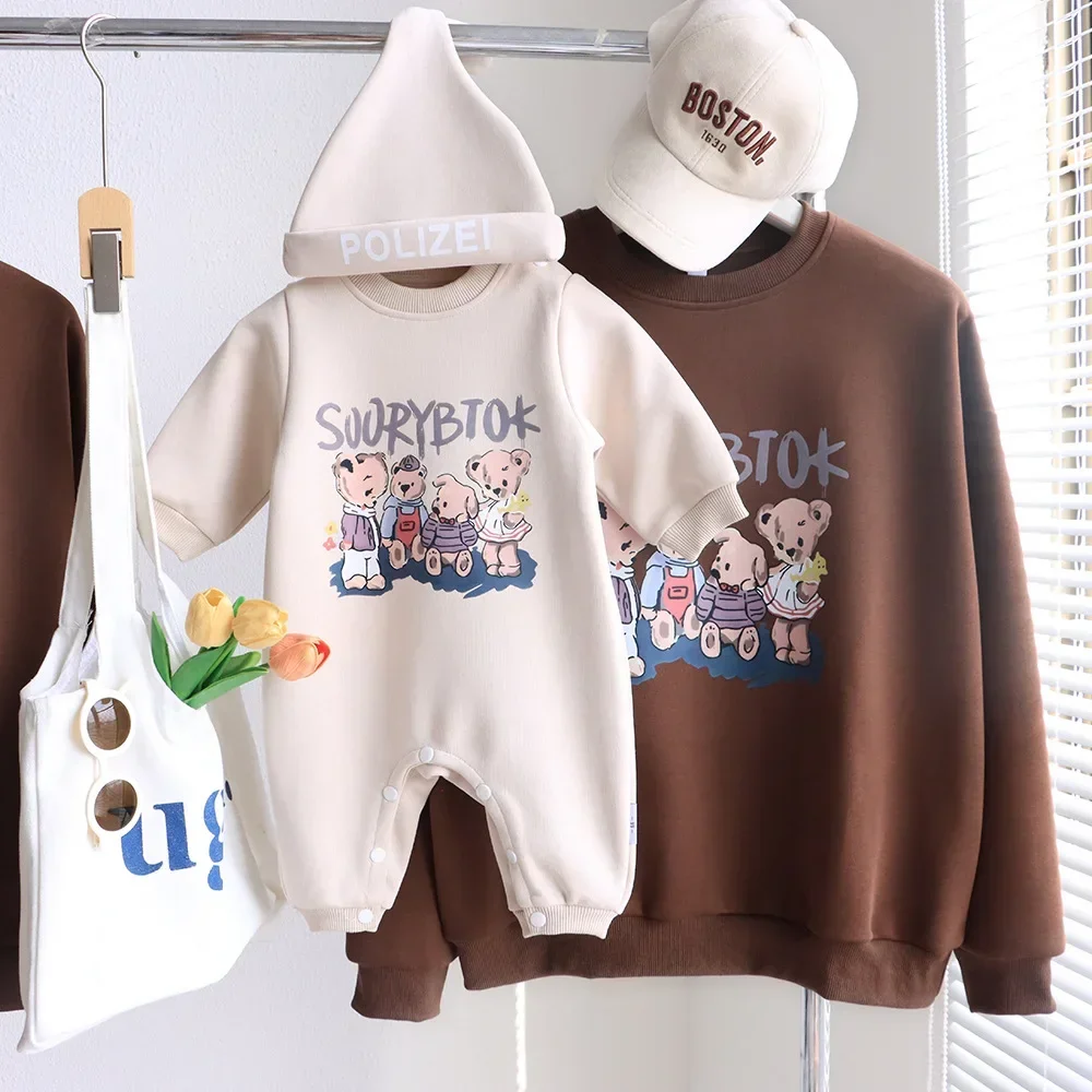 Family Warm Sweatshirts Christmas Winter Autumn Father Mother and Son Daughter Thick Long Sleeve Tops Baby Newborn Bodysuit Hat