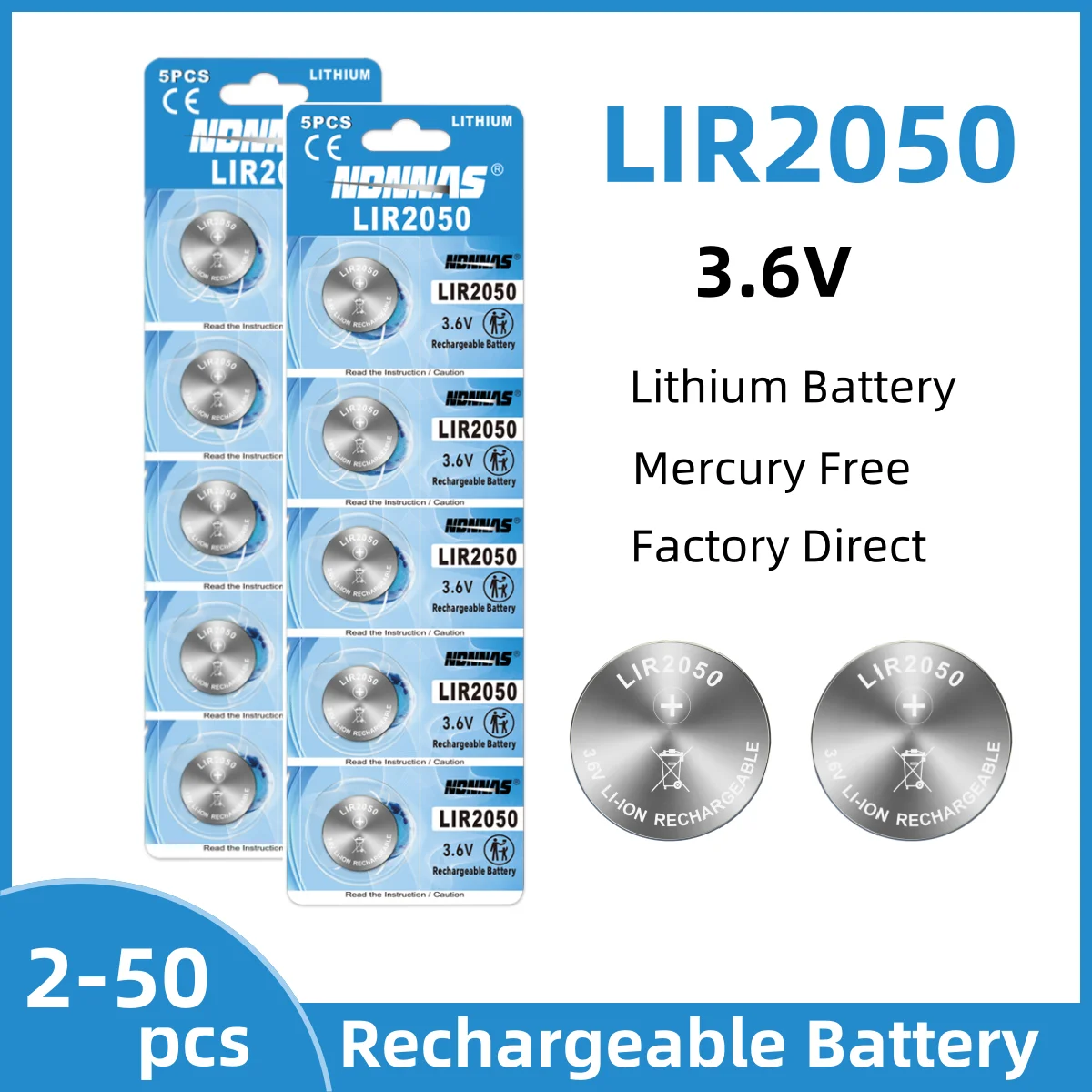 

2-50 шт. LIR2050 3,6 В литиевая аккумуляторная батарея замена CR2050 для часов компьютерная материнская плата электрические игрушки кнопочные элементы