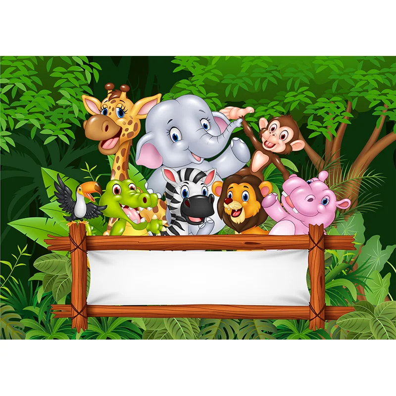 Cartoon Jungle Safari Festa di compleanno Baby Family Shoot Poster Foto Fotografia Sfondo Studio Puntelli 21915 KTT-01