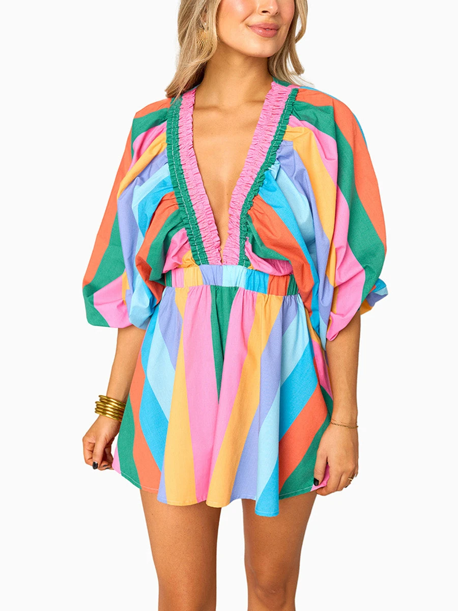 Dames Zomer Korte Boho Jumpsuit Lange Mouw Diepe V-Hals Streep Bloemenprint Playsuit