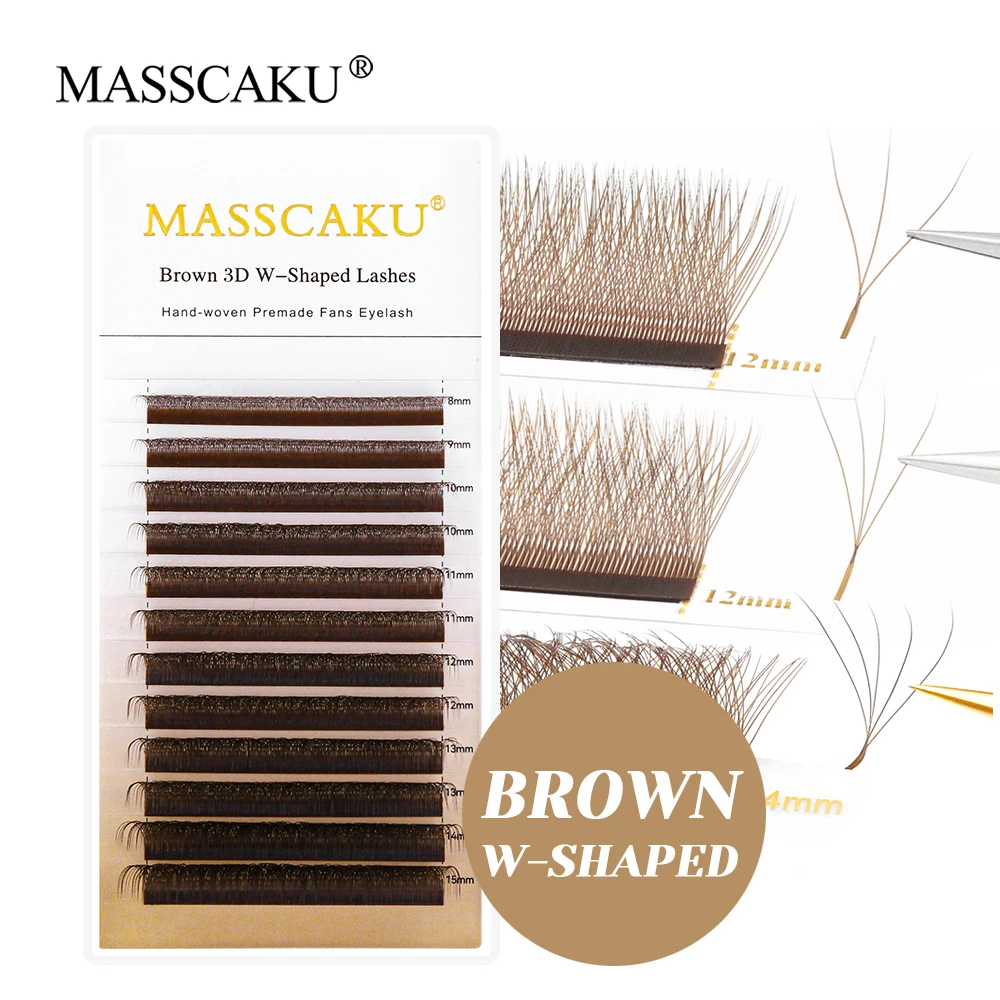 MASSCAKU  D Curl Brown 3D/4D/5D W Shape Eyeashes 8-15mm Mix Length Comfortable Korean PBT Material Flat Root Eyelash Extensions