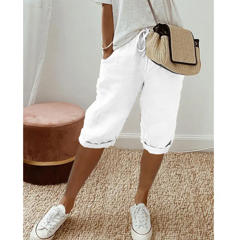 Women Cotton Linen Drawstring Elastic Loose Casual Summer Pants