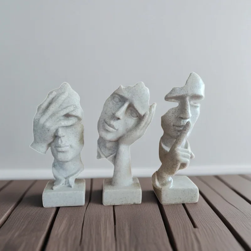 3pcs Thinker Statue Sculpture Silence Is Gold Figurines Resin Retro Home Decor  Office Study Living Room Abstract Face Ornaments
