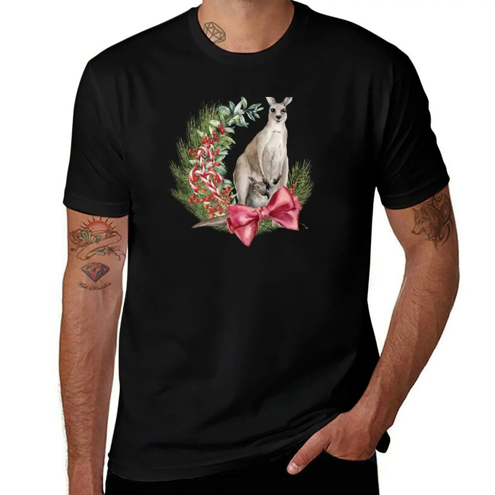 An Australian Christmas - Kangaroo Illustration T-Shirt Work Basic Short Sleeve Top T-Shirt