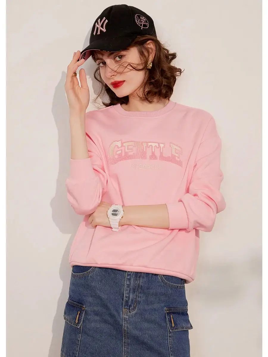 LOUIS YAO Women Pullover 2024 Spring New Sweatshirt Round Neck Long Sleeve Embroider Letter Loose Casual Fashionable Tops