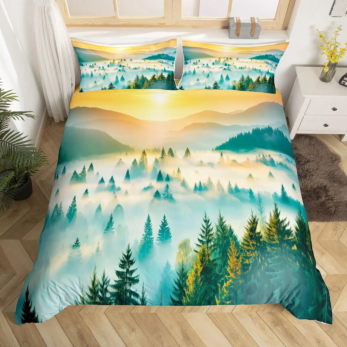 

Smoky Mountain Bedding Set Pine Trees Woodland Duvet Cover Flying Bird Mountain Comforter Cover Nature Landscape Quilt Cover