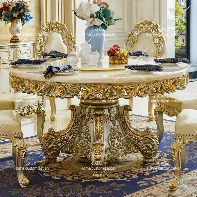 European Style Round Marble Dining Table Set with Turntable Solid Wood Base Flower Pattern for Villa Restaurant Home Kitchen