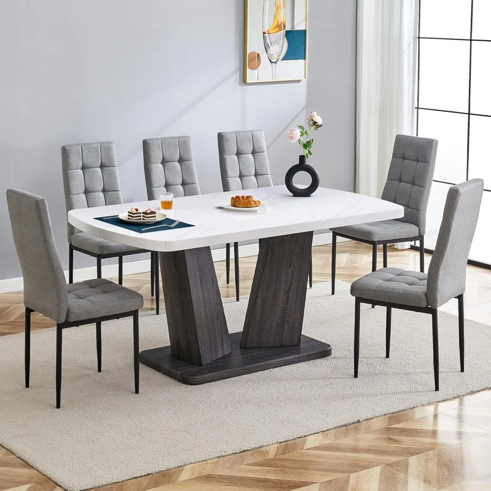 

63" 7 Piece Dining Table Set, Rectangle Table Set with 6 Chairs, V-shaped Tables Wooden Legs Base,Faux Marble Dining Table Set