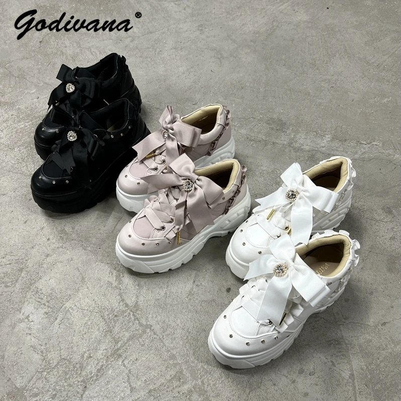 

Japanese Style Sweet Women's Sneakers New Spring and Autumn Rhinestone Bow Platform Shoes Soft Students Sports Shoes Sneaker