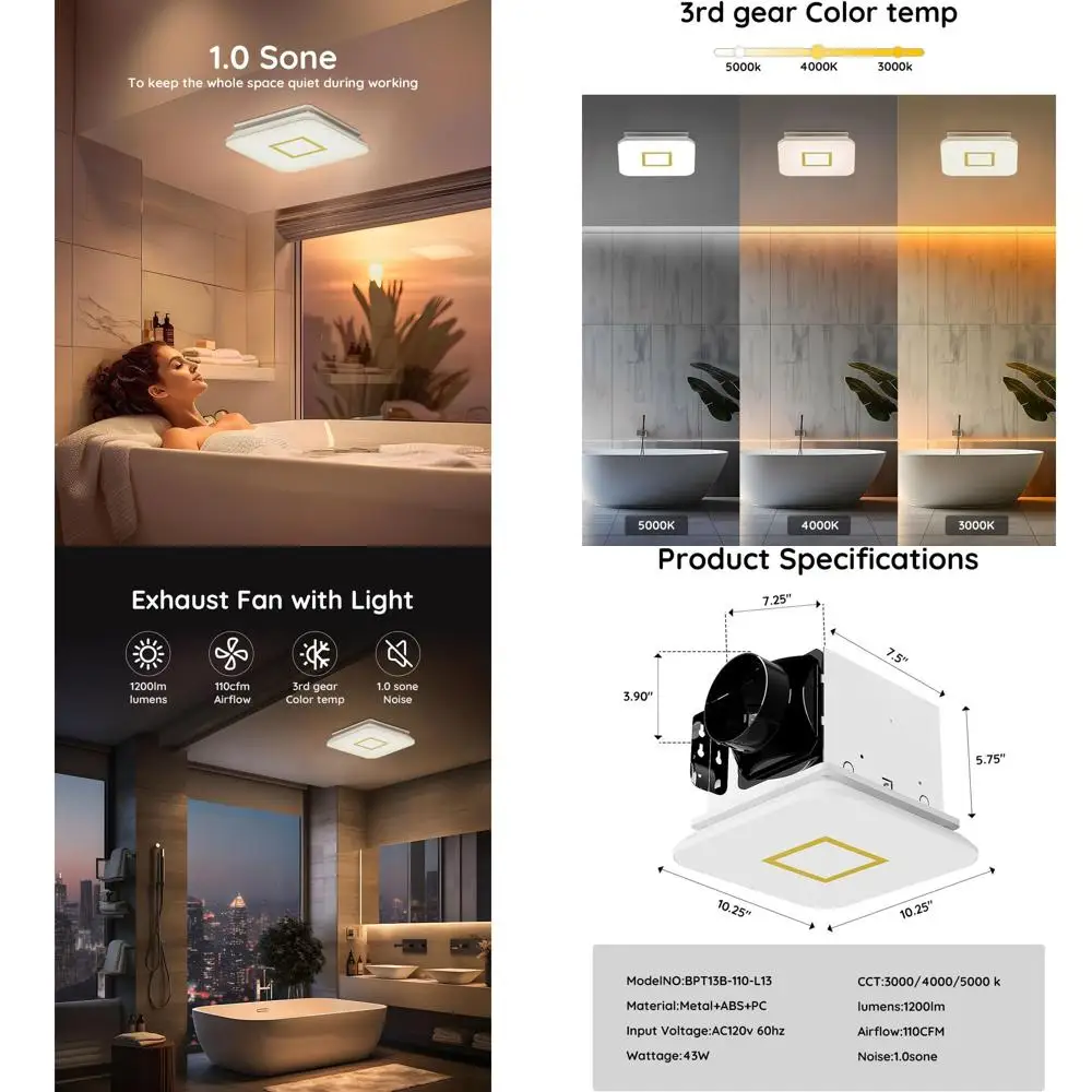 

110 куб. футов 1,0 сторон, 1200 лм, светодиодный светильник, 3000–5000 К, регулируемый, 120 В, 43 Вт, тихий вытяжной вентилятор для ванной комнаты с подсветкой - золото