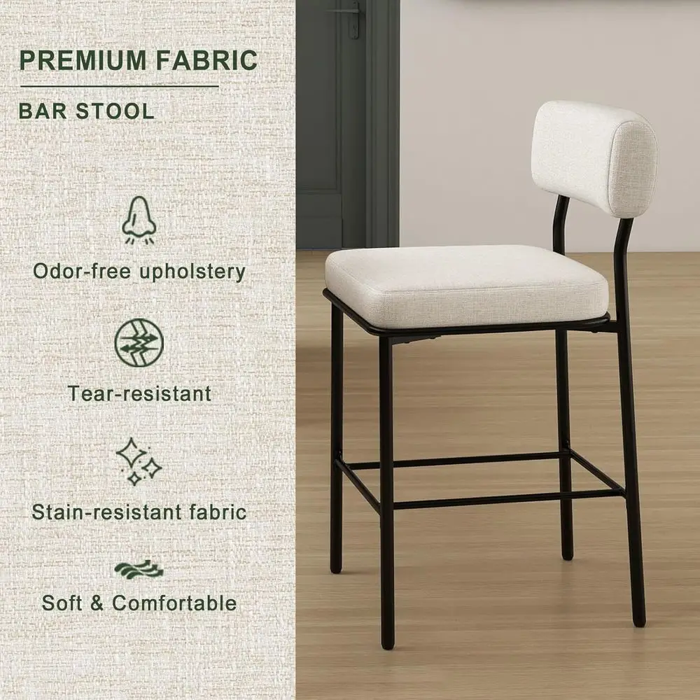 Juego de 4 taburetes de bar tapizados con altura de mostrador, tela beige, sillas de metal para isla de cocina o comedor del siglo moderno