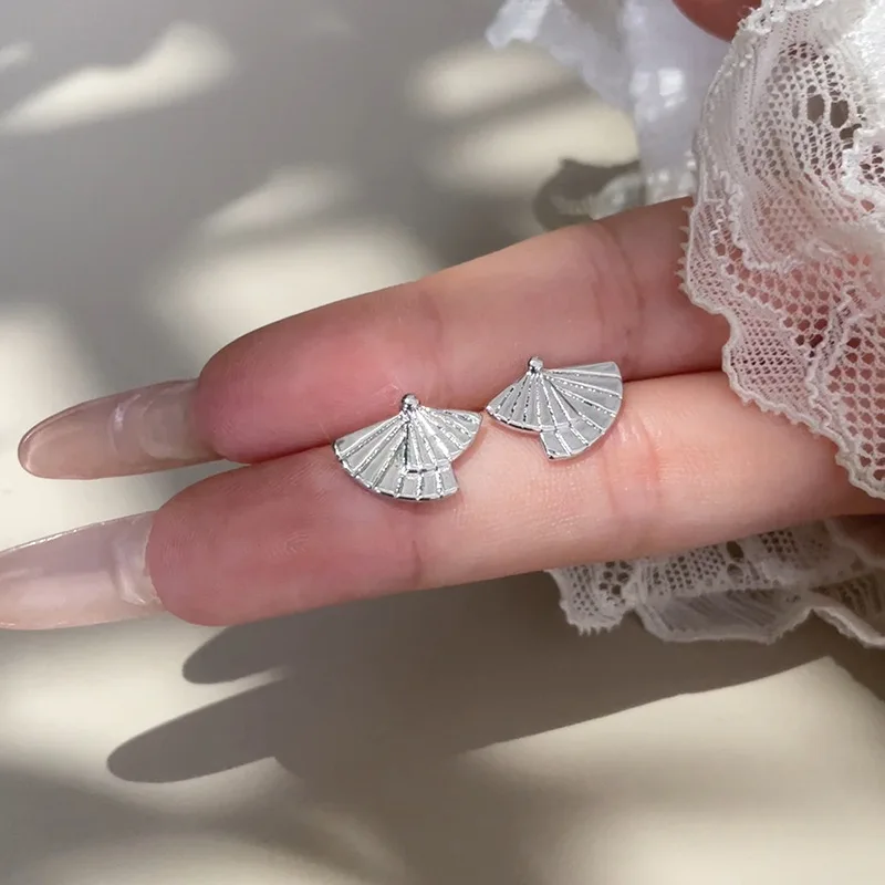 

925 Sterling Silver Geometric Chinese Style Pleated Fan Stud Earring for Women Fine Jewelry High Luxury Vintage Accessories