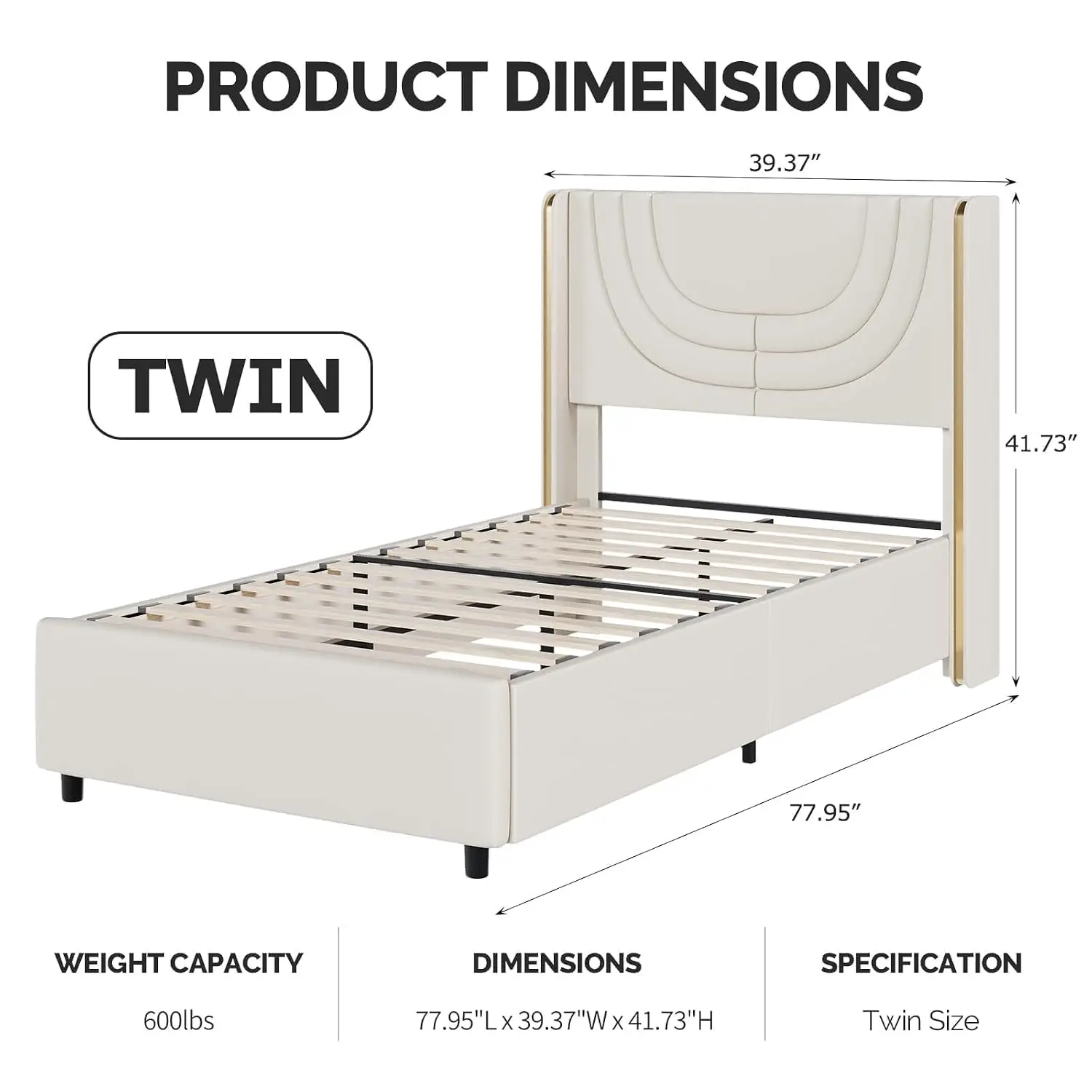 Twin Size Bed Frame with LED Lights and Gold Wingback Headboard,Cream | Faux Leather Upholstered Platform, Customized