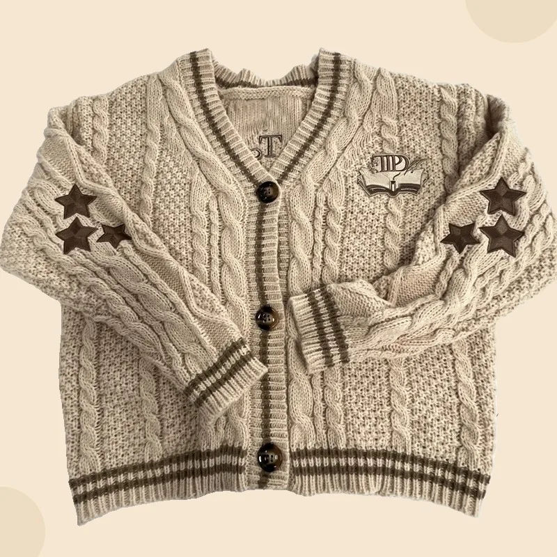 Cárdigans de punto caqui con bordado de estrellas de algodón para mujer, suéteres Retro estéticos con cuello de pico, Tops Beige Y2k, otoño