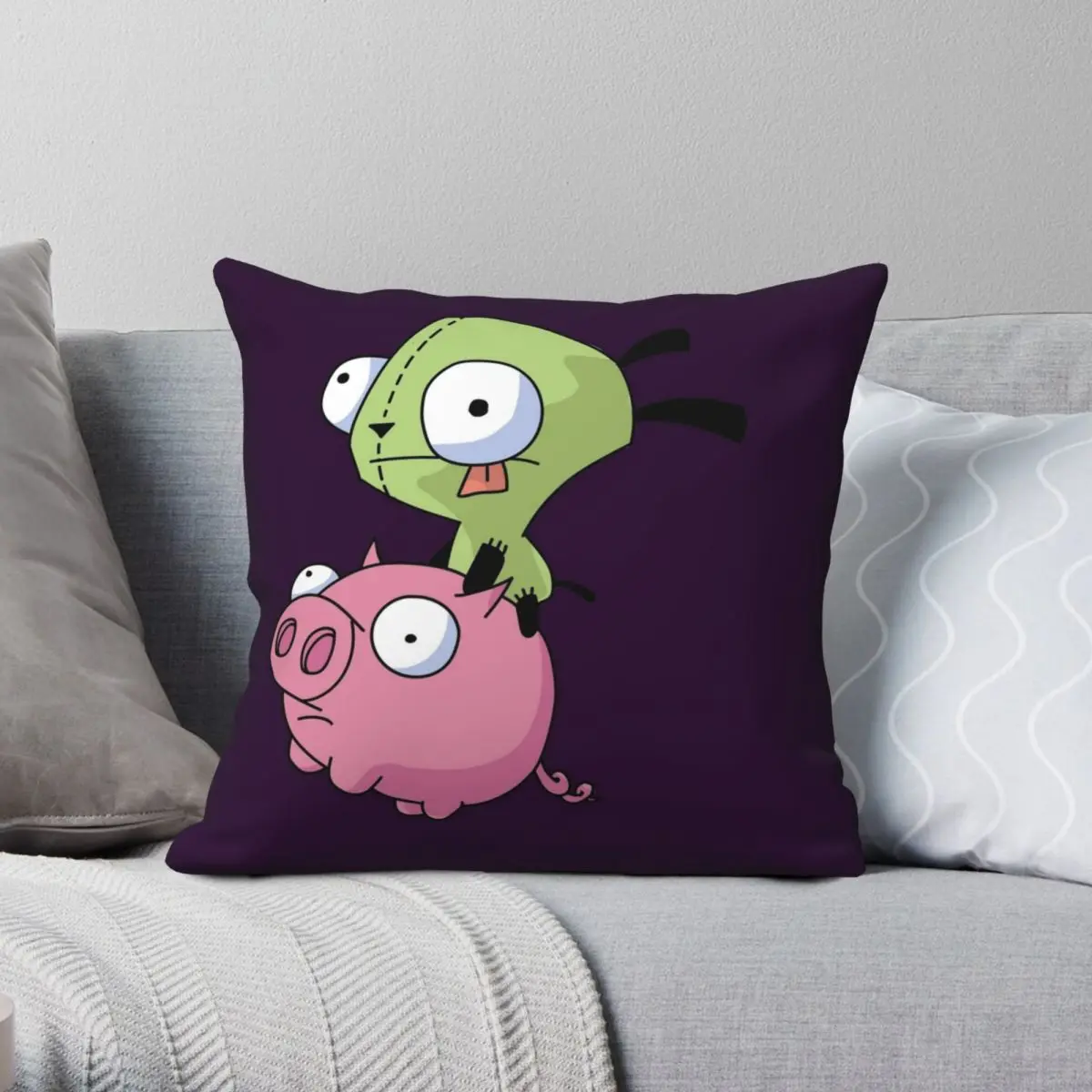 Invader ZIM Gir Riding Pig Square Pillowcase Polyester Linen Velvet Pattern Zip Decorative Room Cushion Cover Wholesale