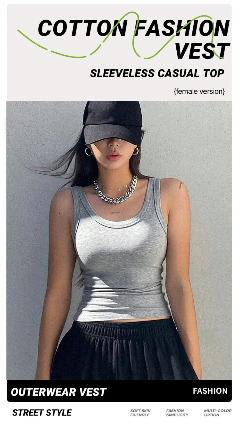 Sommer Einfarbige Tanktops aus Baumwolle für Damen Ärmellose Enge Gerippte Weiße Modische Strick-Weste mit Trägern Lässige Fitness Sportliche Basis-Kleidung – Detail 2