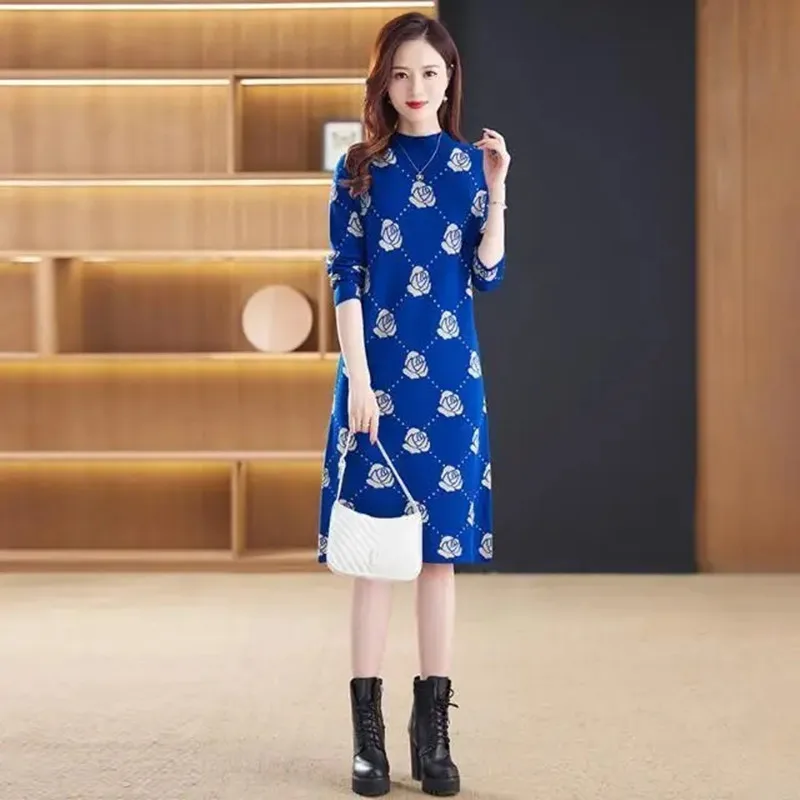 Gaun rajut wanita selutut model baru, gaun rajut musim dingin, Sweater panjang ramping, motif kebesaran, Busana baru, musim gugur, dan musim dingin, untuk wanita, 2023