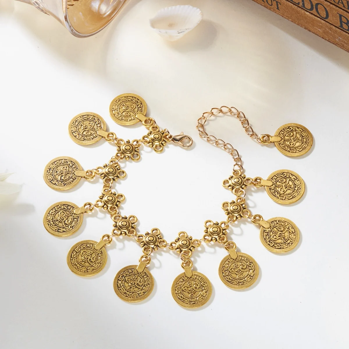 Böhmische Ethnische Vintage Runde Münzen Quasten-Fußkettchen für Damen und Herren Modische Blumen-Strand-Fußkette Sommer-Urlaubsschmuck Geschenk – Detail 13