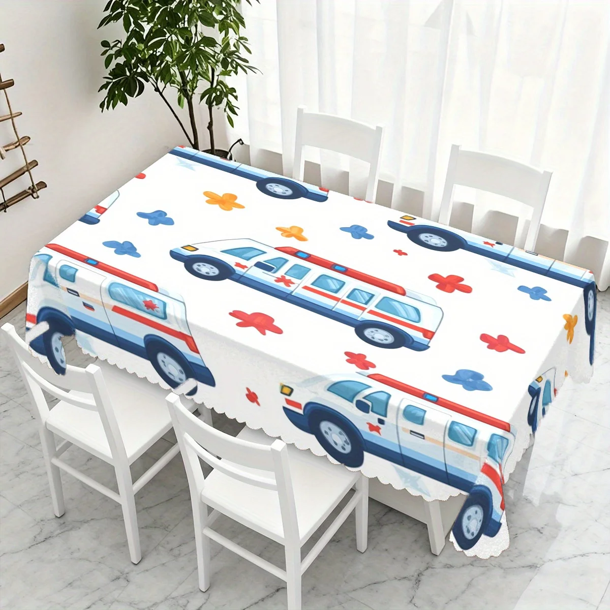 Cartoon Ambulance Colorful Flower Waterproof Tablecloth, Rectangular Cover for Home Dining Kids Birthday Party Decor