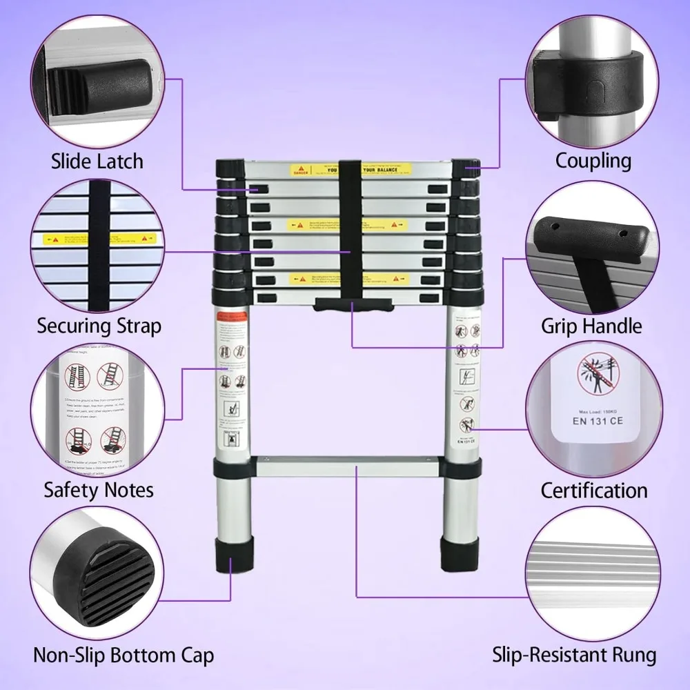 Collapsible Aluminum Extension Ladder - Lightweight Telescoping Ladder for RV, Attic, and Home Use with Securing Straps