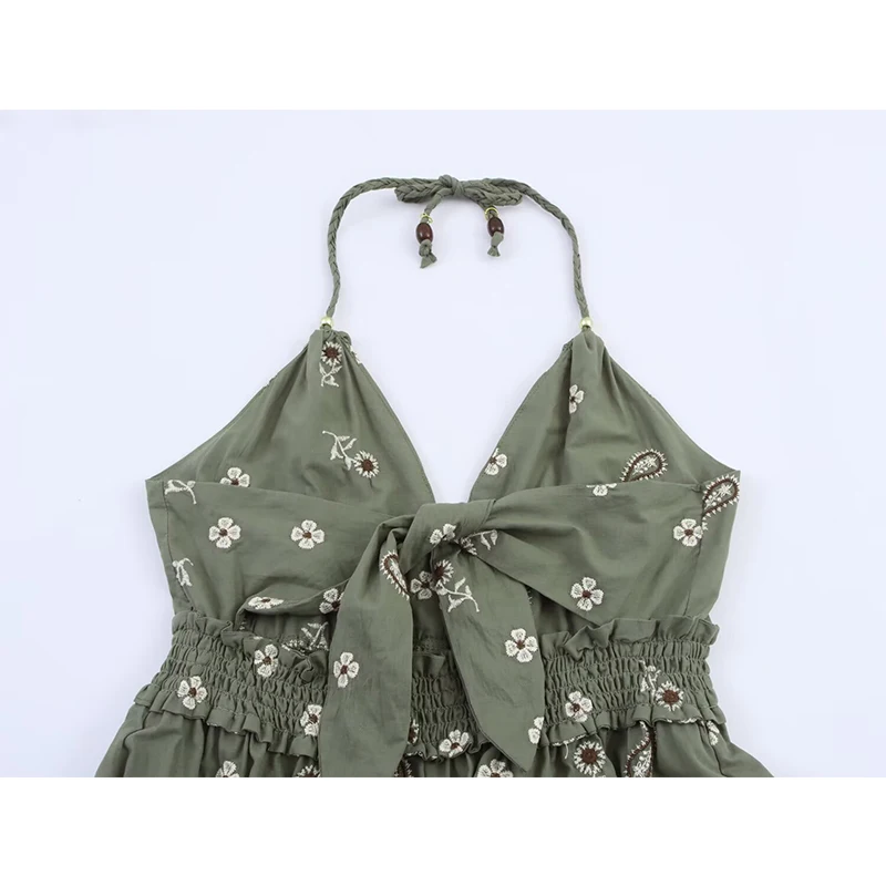 2025 Bohoเย็บปักถักร้อยMidiชุดผู้หญิงเซ็กซี่Backless Halter A-Lineฤดูร้อนชุดหญิงวันหยุดVestidos