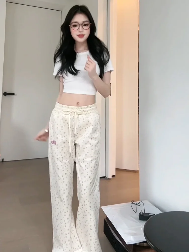 Pantaloni casual micro svasati con stampa floreale Sweet Sister Primavera Autunno da donna Dimagranti Taglia piccola Vita alta Drapey Sport Wide Le...