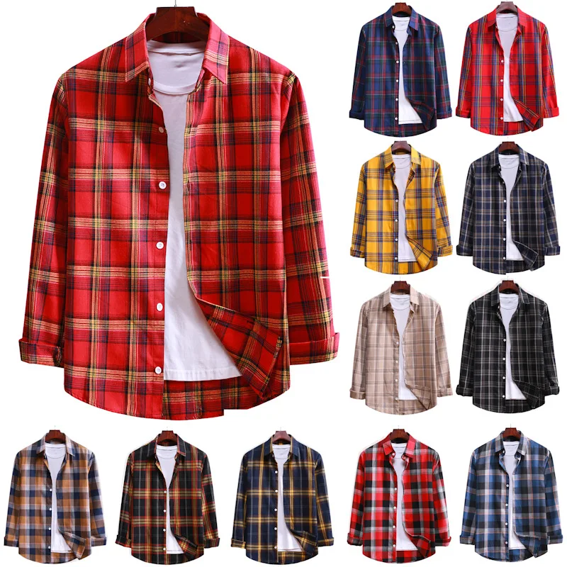 An& Cotton Flannel Men's Plaid Shirt Slim Fit Spring Autumn Long Sleeve Thickened Fleece Travel Casual Shirt