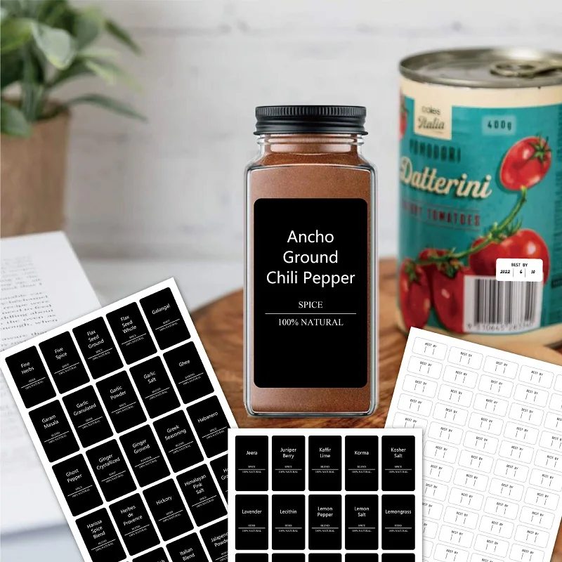 275PCS Spice Jar Storage Labels Black Waterproof And Oil-proof Stickers Kitchen Room Spice Jar Labels Kitchen Spice Jar Stickers