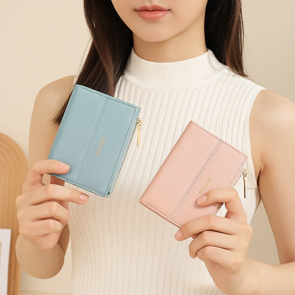 

Elegant Women Short Wallet Large Capacity Zipper Closure Business Card Holder Pu Leather Solid Color Bank/ID/Credit Card Bag