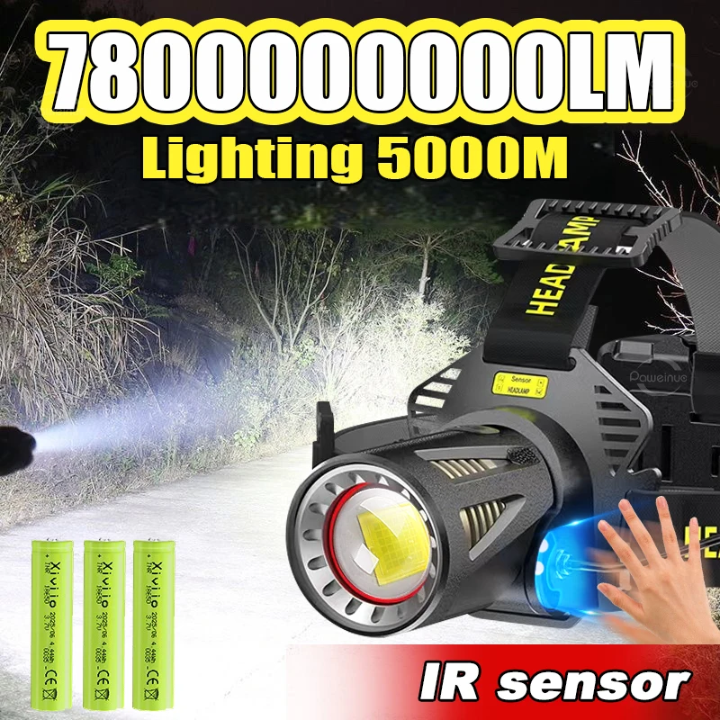 78000000LM Most Powerful Head LED Light Strong Light Motion Sensor Headlamp Rechargeable Head Flashlight 18650 Fishing Head Lamp