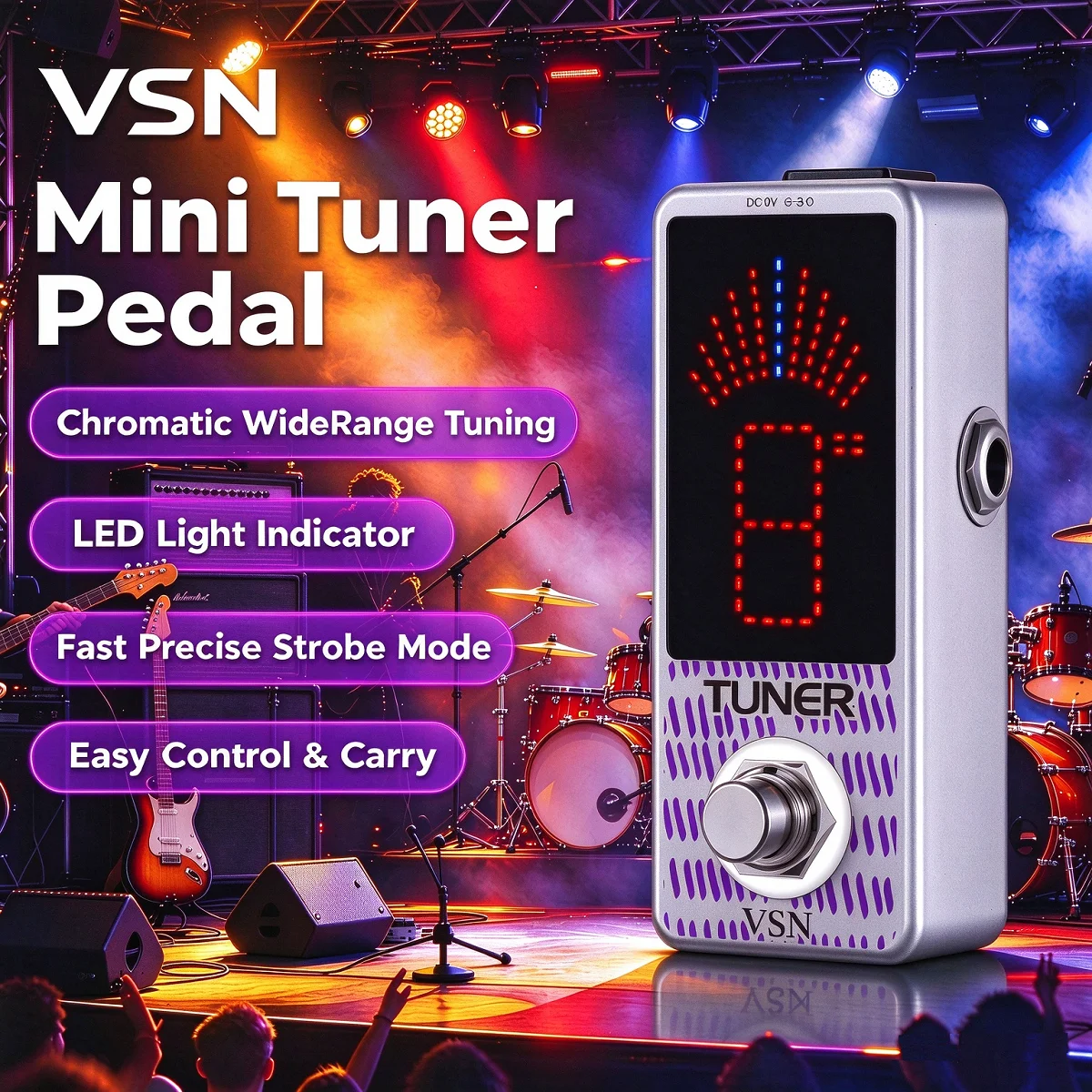 VSN Tuner Pedal, chromatisch stemapparaat voor gitaar, hoge precisie met toonhoogte-indicator voor gitaar en bas, true bypass, Rowin, LT-910.