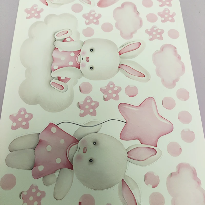 Pink Theme Rabbit Luminous Wall Stickers for Girls Bedrooms Glow In The Dark White Clouds Stars Shine Decal Baby Room Decoration