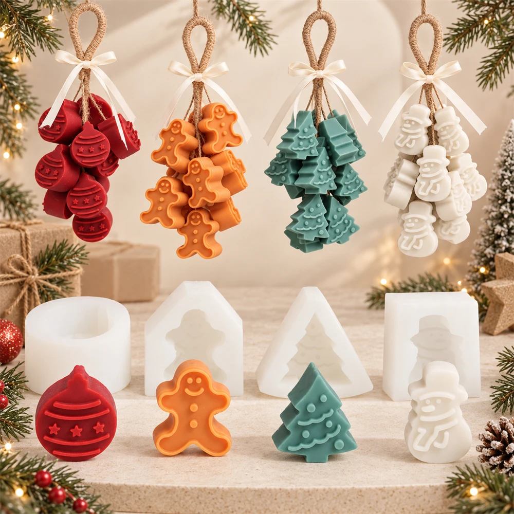 Soap Making Kit For Beginners - 4-teiliges Weihnachtsseifen-Cluster-Silikonform-Set, Lebkuchenmann, Schneemann, Weihnachtsbaum, handgefertigte