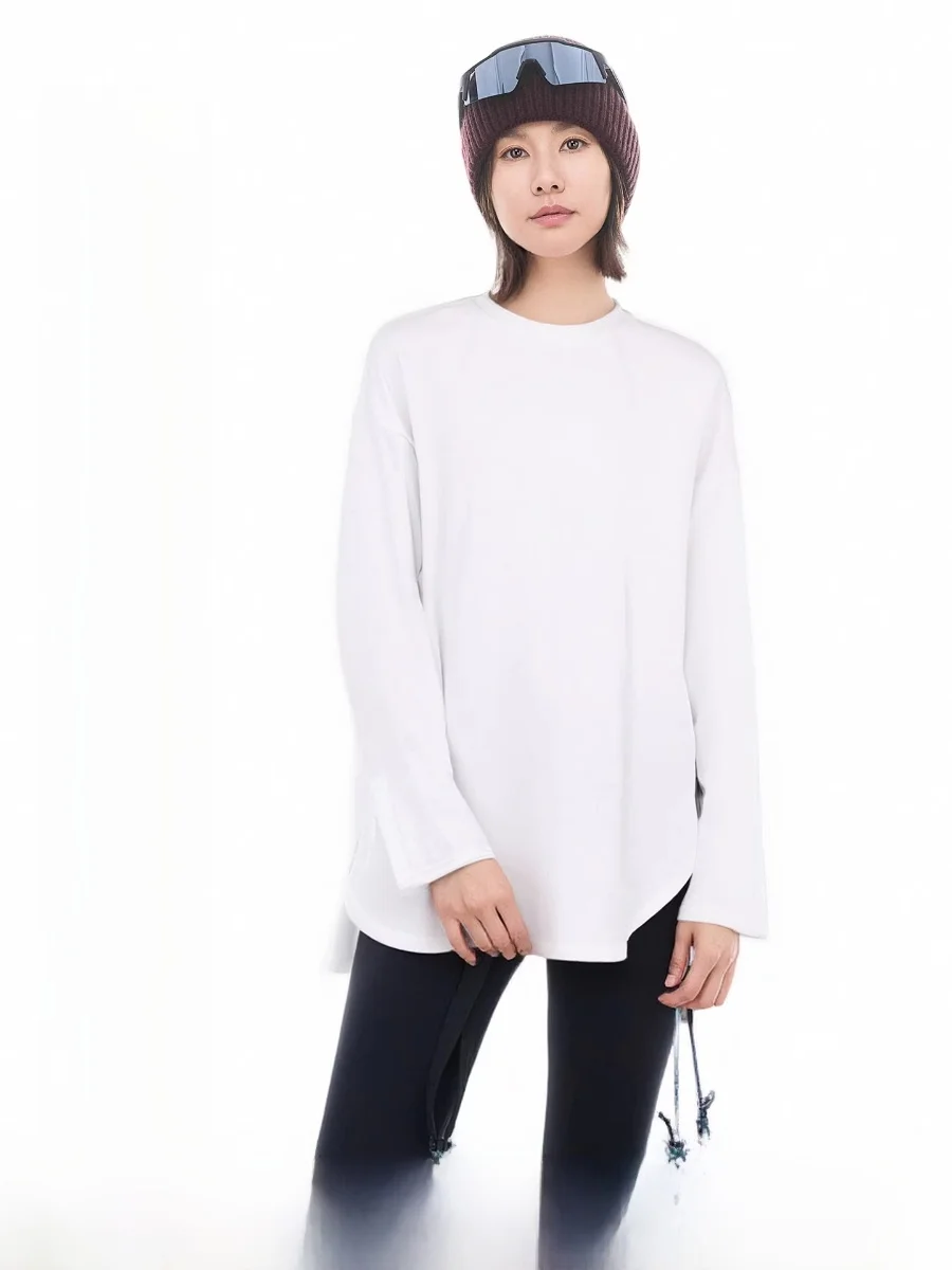 

Cloud Life Mousse White T Women's Loose Long Sve round Ne Fce Lined T-irt Comfortable Soft Cotton Blend Autumn Wint...