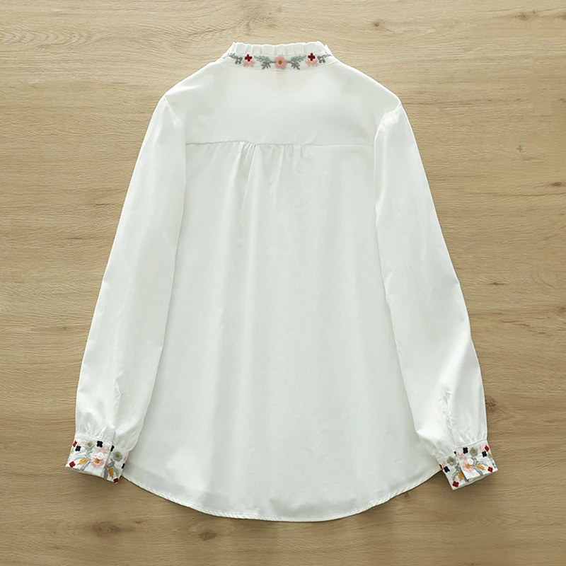 Spring Autumn Women Flower Embroidered Wooden Ear Edge Shirt White Color Stand Collar Female Button Bottom Blouse Tops U341