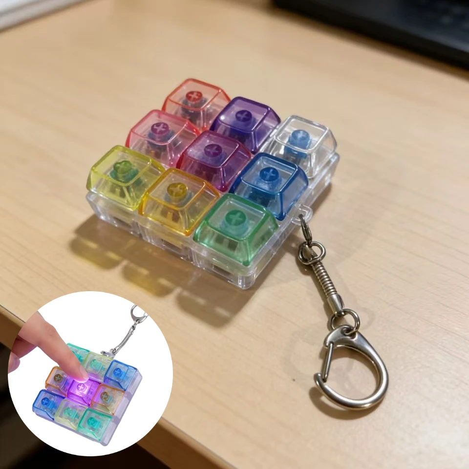 Transparent 9 Keys Mechanical Keyboard Keychain, LED Light Fidget Toy, Stress Relief Clicker Portable Keyring for Adults & Teens
