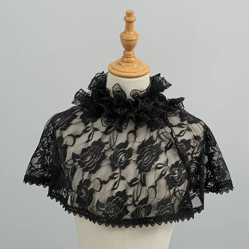 Women Retro Ruffled Lace Fake Collar Shawl Tulle Mini Capelet Shrug, White Black Mesh Outerwear Bridal Wedding Party Accessories