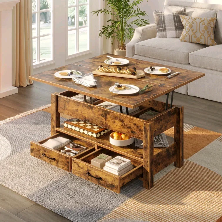 ！@Combohome Living Room Multifunctional Square End Table Wooden Height Adjustable Center Table Lift Top Tea Coffee Table