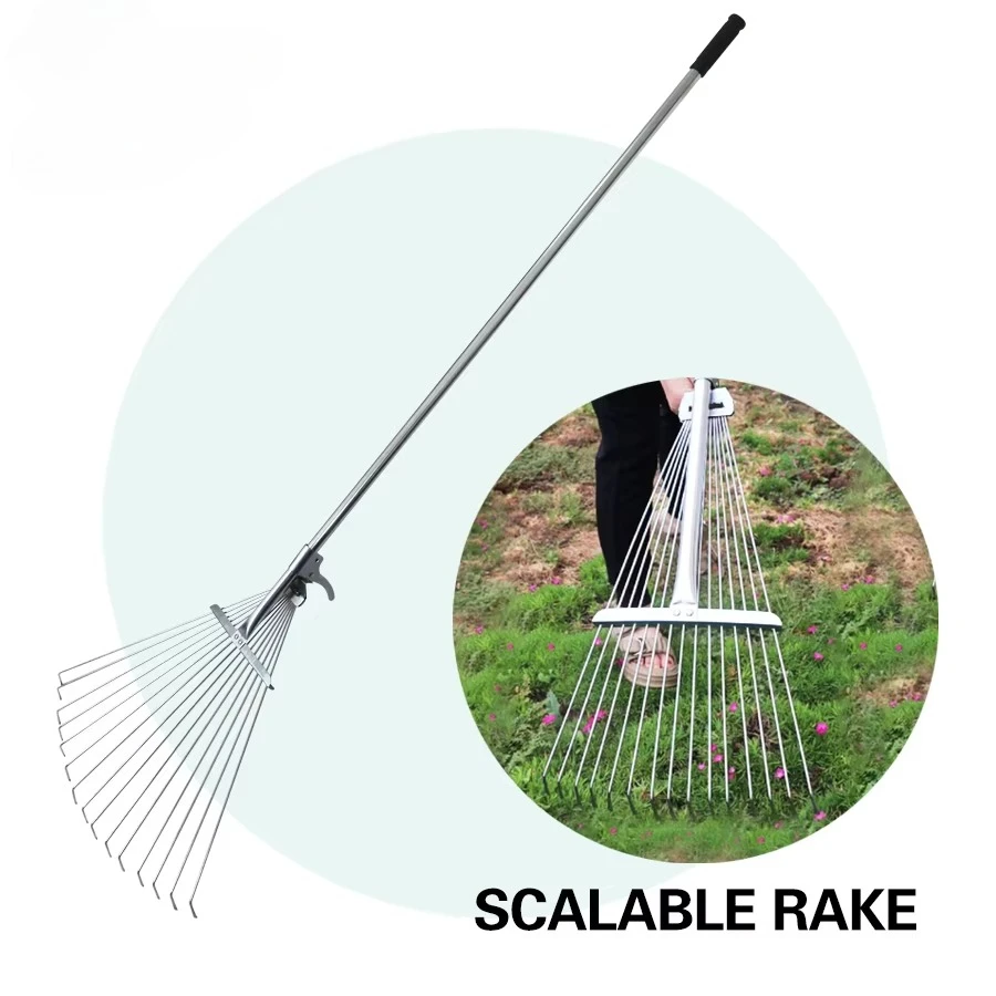 

High Quality Hand Tools Agricultural Garden Steel Farming Scalable Leaf Rake Portable hay Rake With Handle
