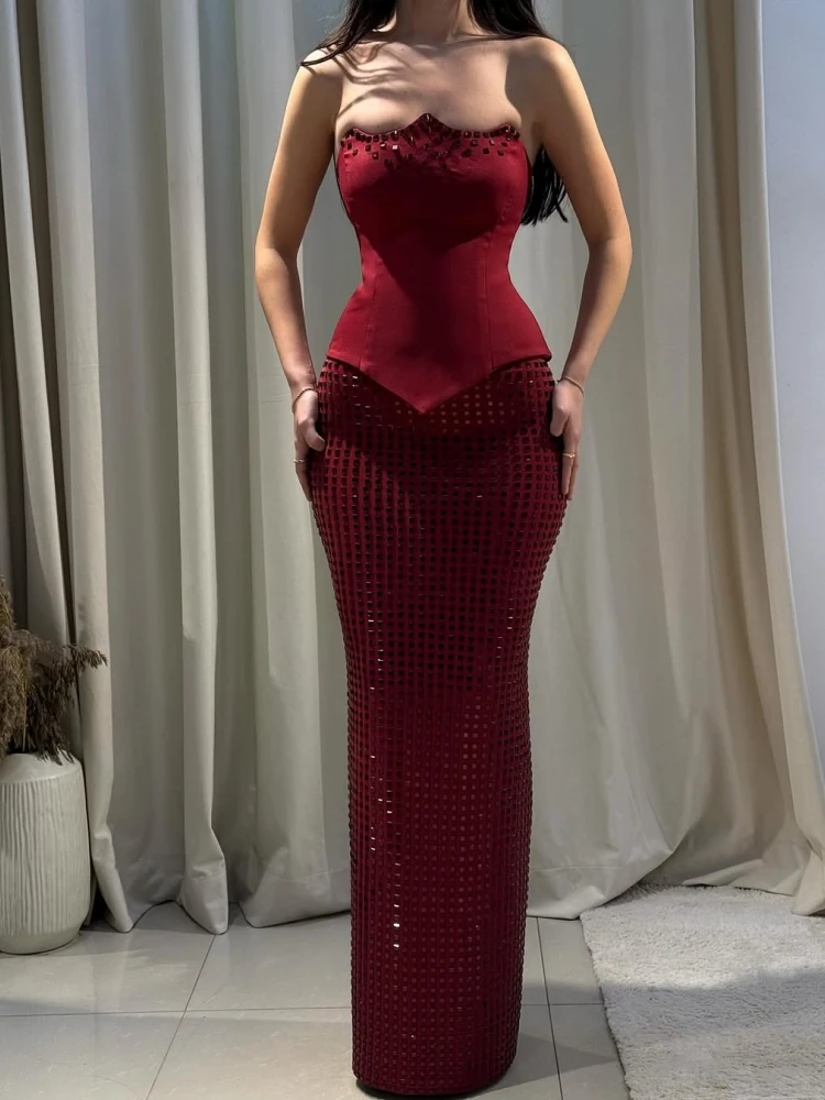 Women Diamonds Slim Skirts Two Piece Set Sexy Wine Red Strapless Crop Top + Long Slim Rhinestone Skits Suits Party Christmas Set
