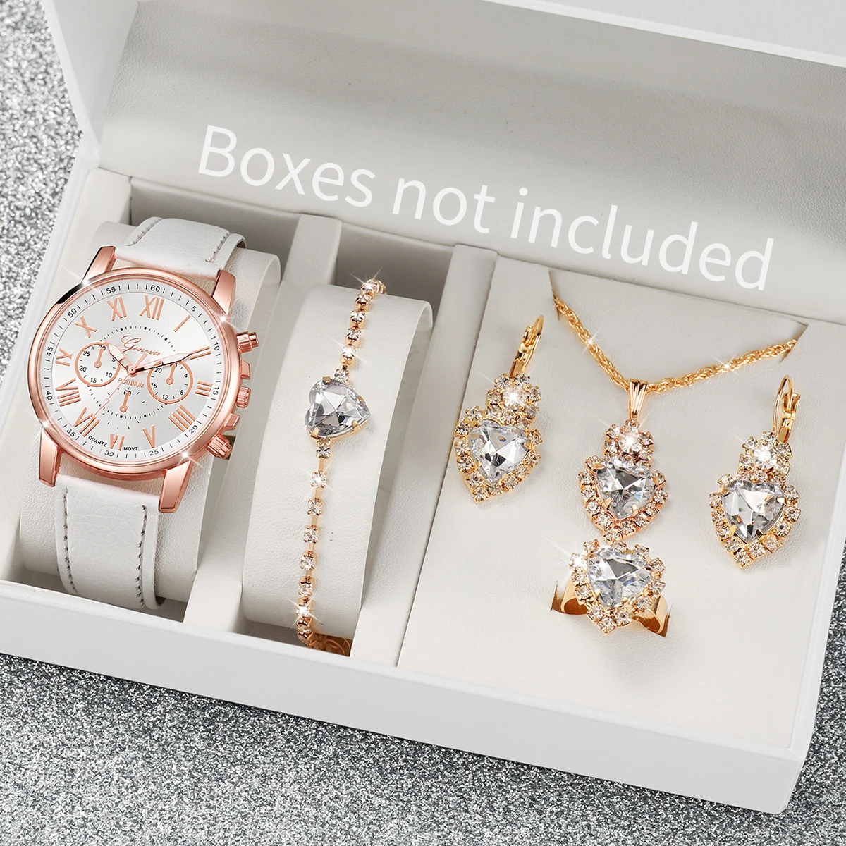 

6 шт./компл. модные женские часы с кожаным ремешком, кварцевые часы со стразами, комплект ювелирных изделий в форме сердца (без коробки)