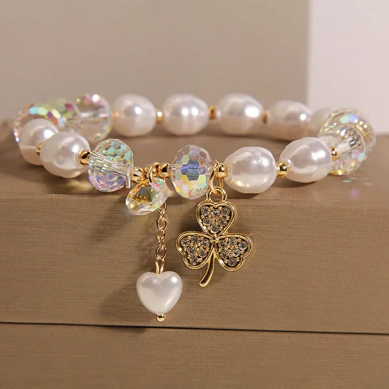 Pulsera de cristal de perlas pequeñas frescas para mujer, colgante de cara sonriente Simple, brazalete elástico ajustable, joyería de fiesta