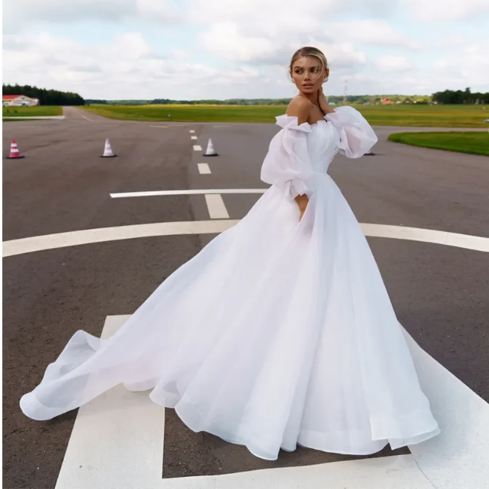 

Classic Boat Collar Tiered Chiffon Wedding Dress for Women A-line Court Wedding Gown with Removable Puff Sleeve vestido de novia