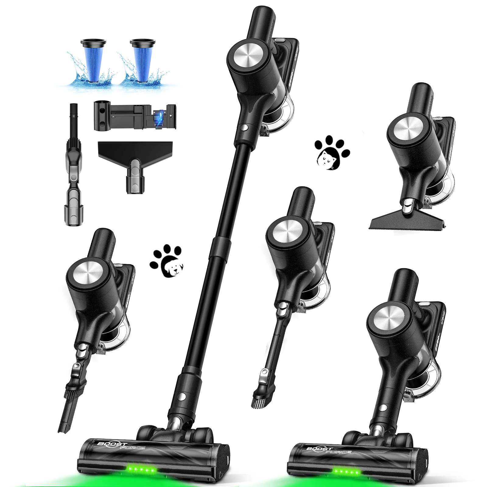 

Cordless 46KPa/500W Self-Standing LED Display Stick Vacuum Cleaner 55 Mins Runtime Anti-Tangle Brush Rechargeable for Home Use