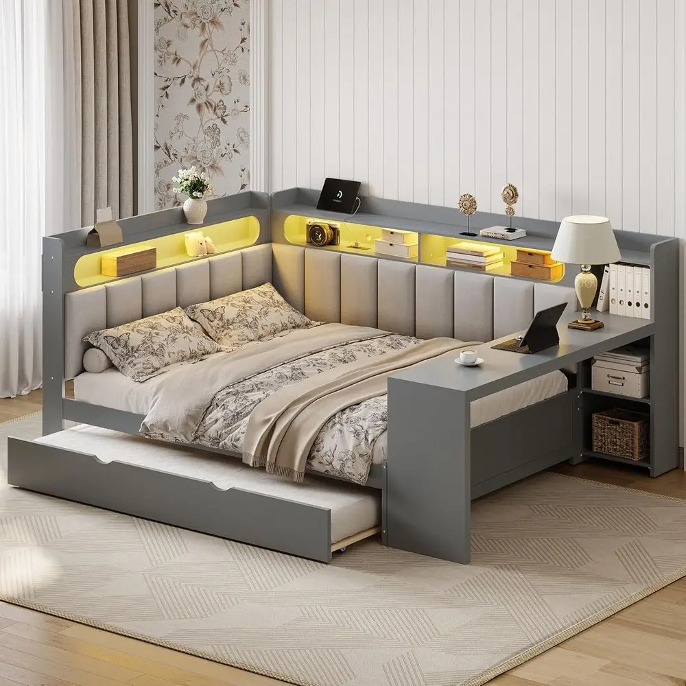 

Full Size Bed with Trundle, L-Shaped Daybed Desk Combo, LED Bookcase, USB Ports, Upholstered Headboard, Suitable for Kids, Teens