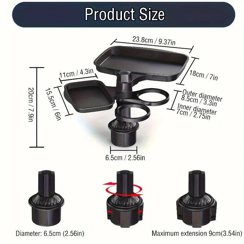 3-in-1 Detachable Car Cup Holder Tray-Expandable Food Table with 360° Rotating Design,Sturdy Base for Long Road Trips Table Tray