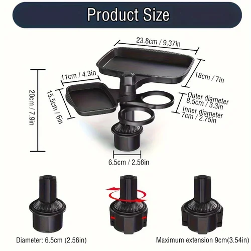 Imagen 2 del producto 3-in-1 Detachable Car Cup Holder Tray-Expandable Food Table with 360° Rotating Design,Sturdy Base for Long Road Trips Table Tray